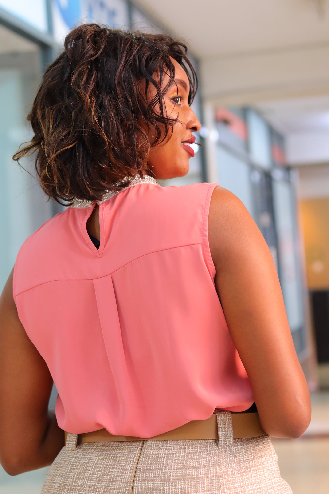 Embellished Crew Neck Pink Sleeveless Blouse