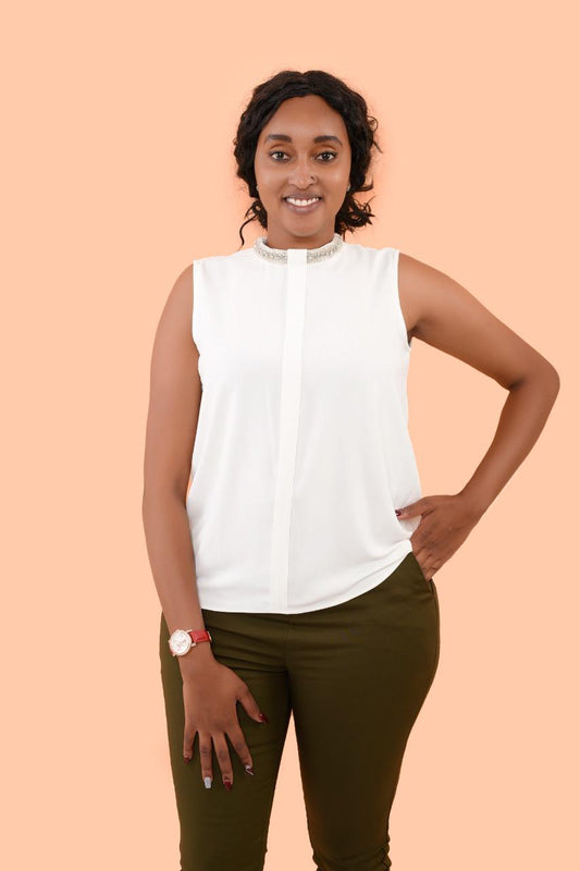 Embellished Crew Neck Off-White Sleeveless Blouse