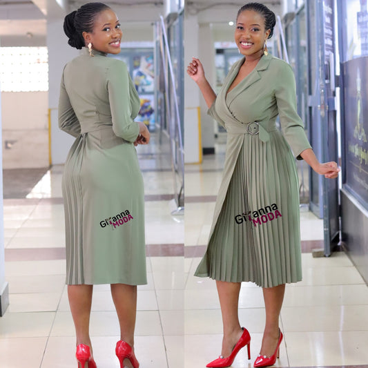 Khaki Green Sunray Pleat Dress