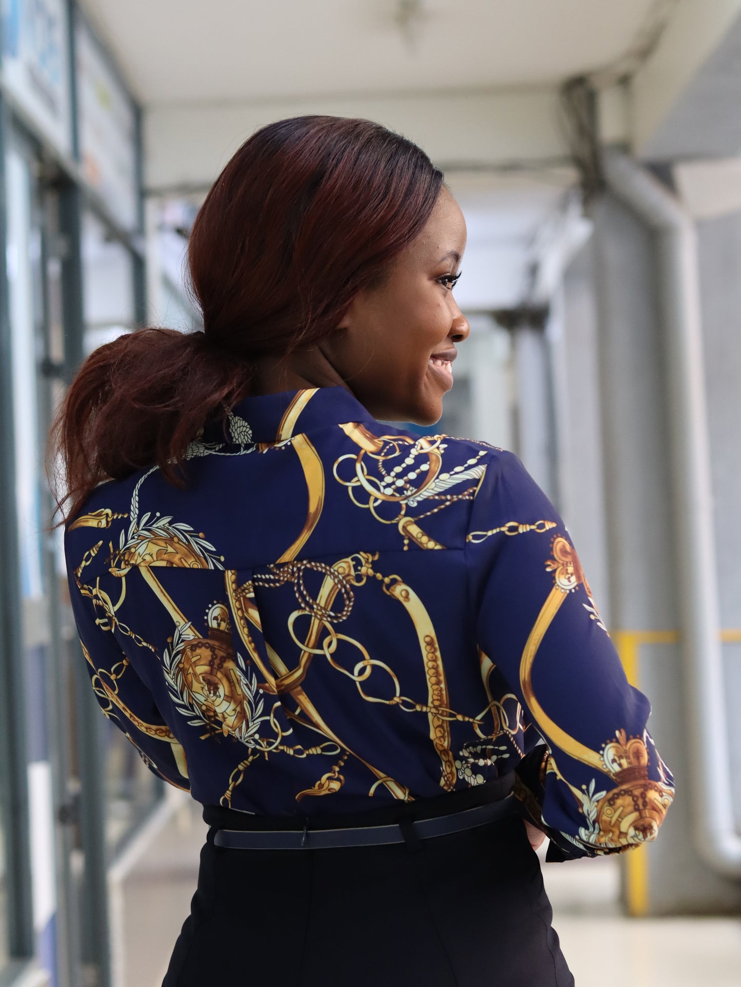 Chain Navy Blue Print Long Sleeve Blouse