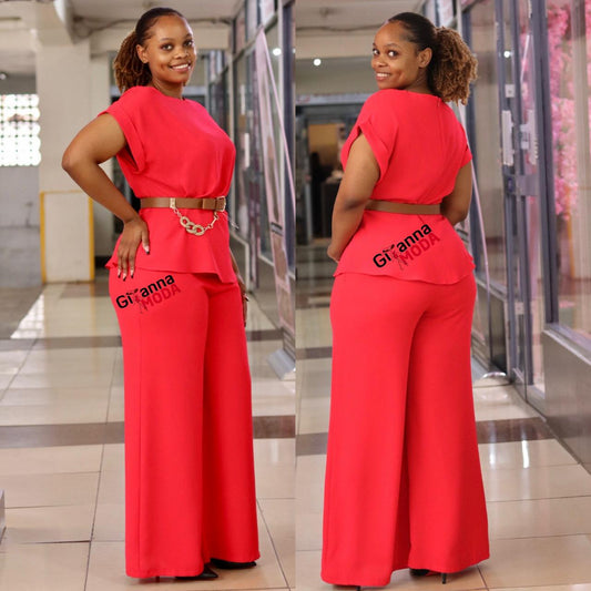 Red Kimono Sleeve Belted Set