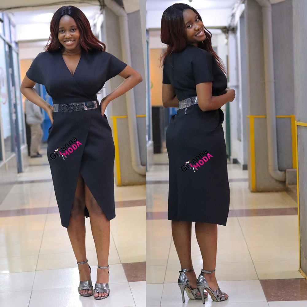 Black Kimono Sleeve Belted Dress