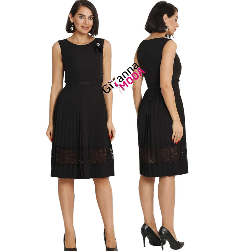 Black Lace Insert Sunray Pleat Skater