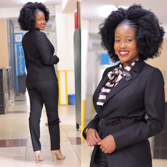 Lapel Collar and Brooch Black Trouser Suit
