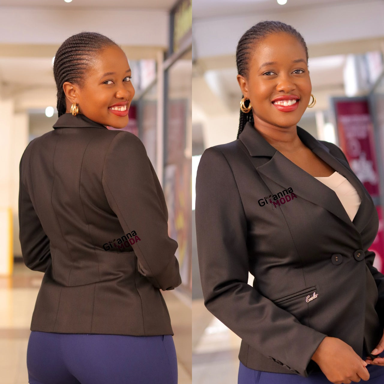 Two Button Lapel Collar Black Blazer