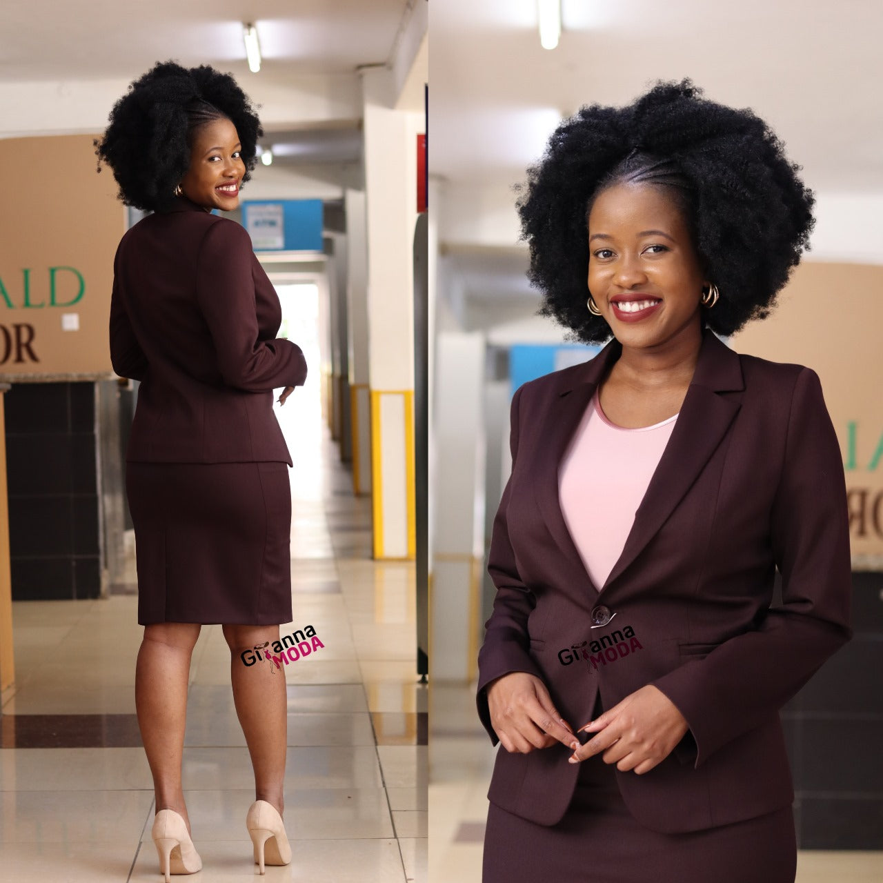 Welt Pockets Skirt Suit in Maroon