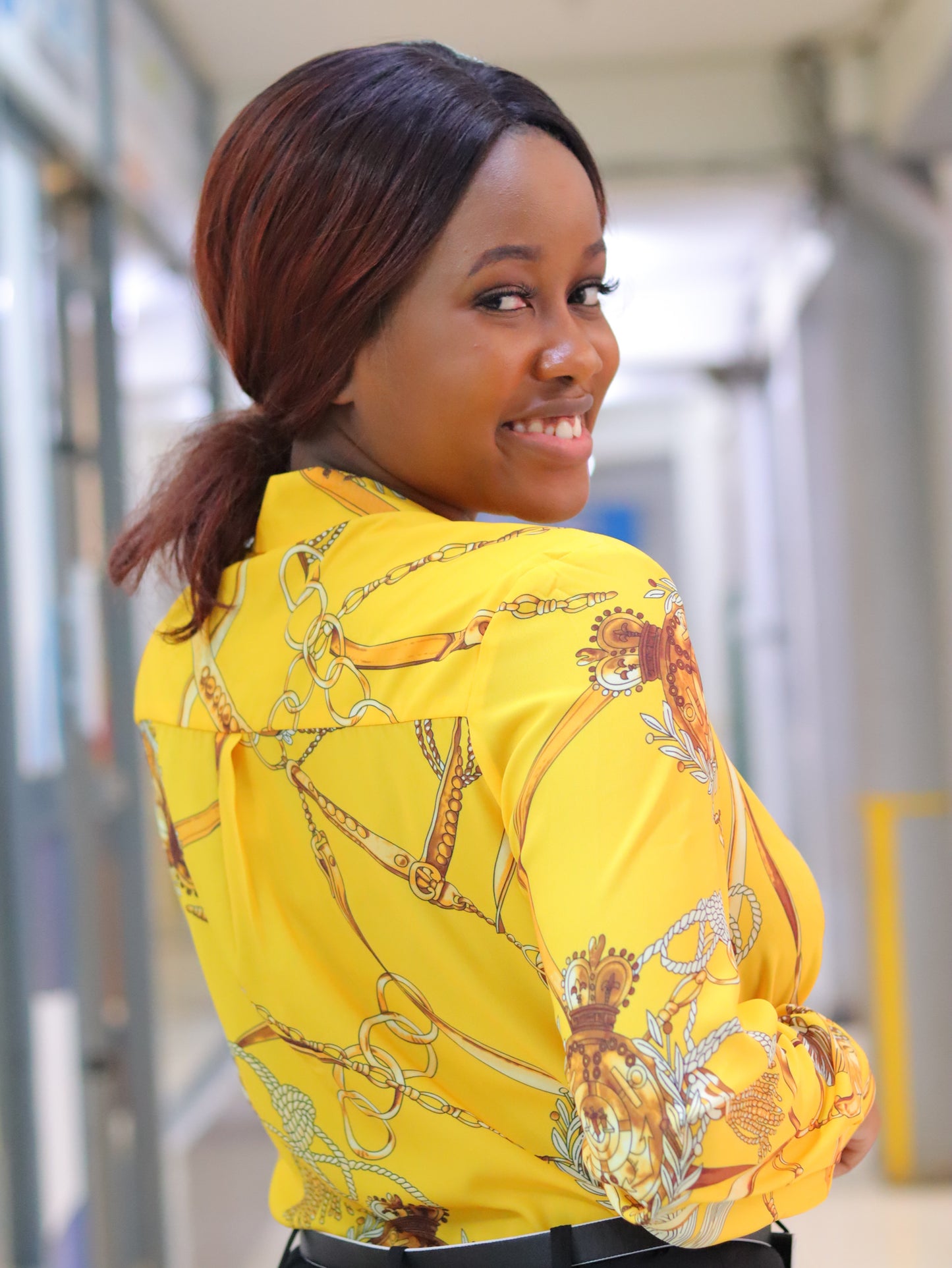 Chain Yellow Print Long Sleeve Blouse