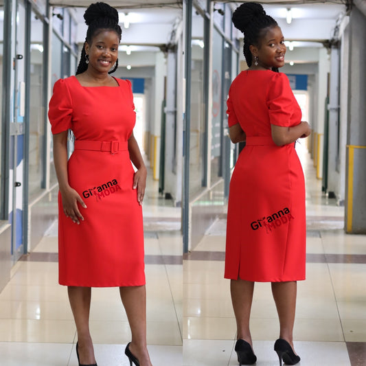 Red Belted Mutton Sleeve Dress