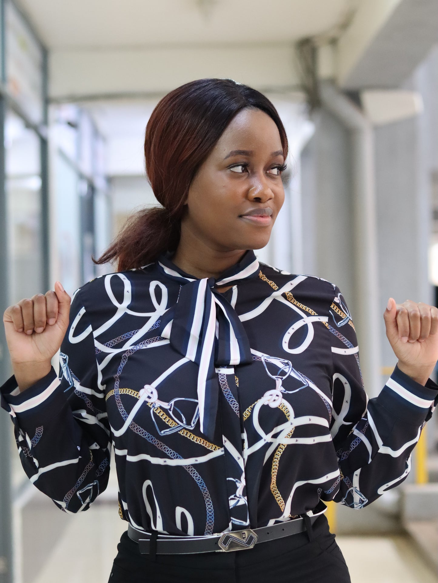 Tie Neck Black Chain Print Blouse