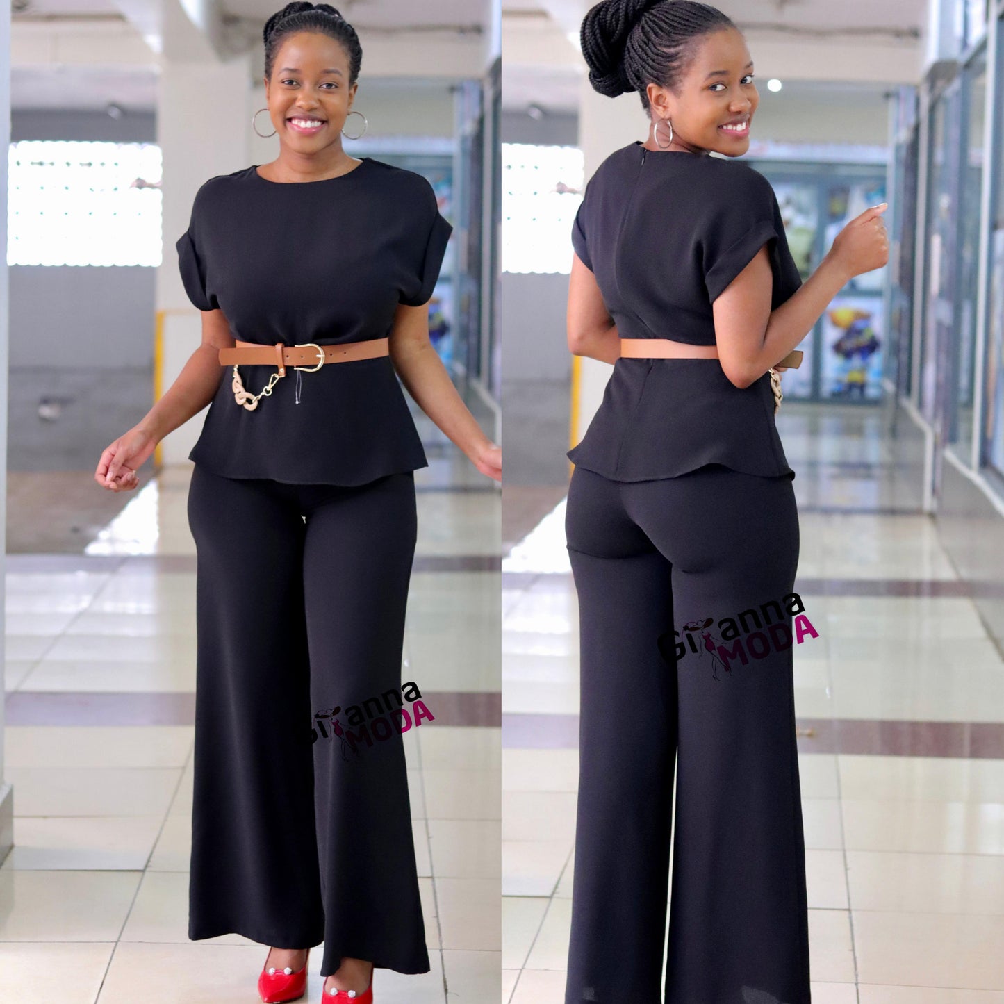 Black Kimono Sleeve Belted Set