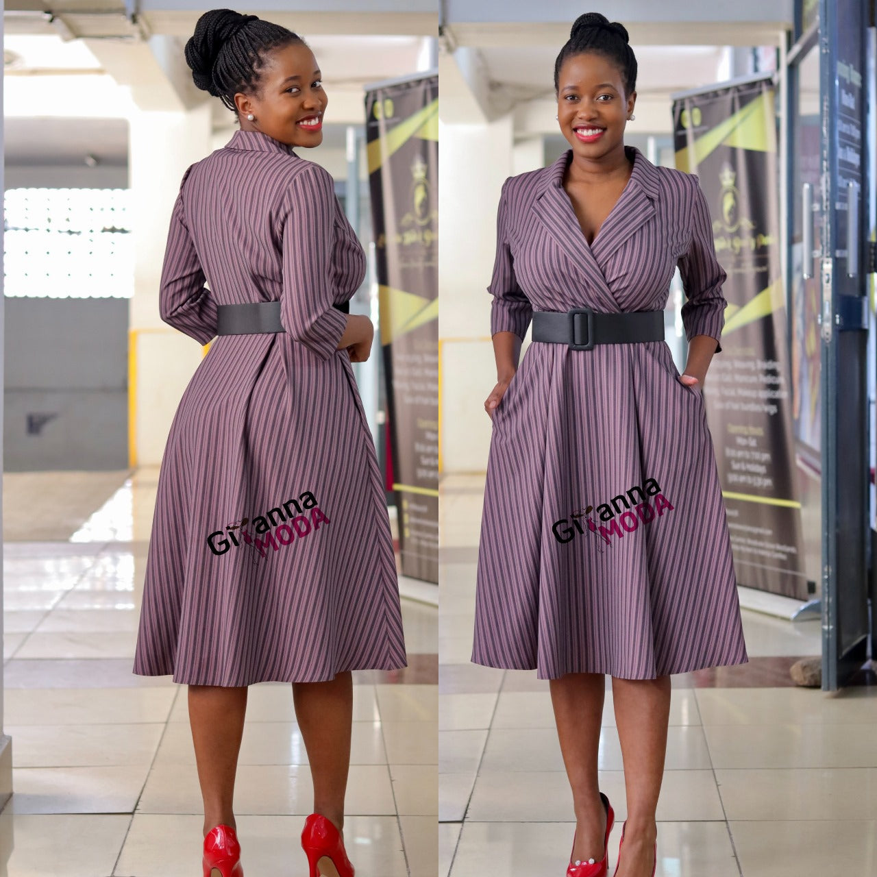 Stripped Black Belted Skater Dress