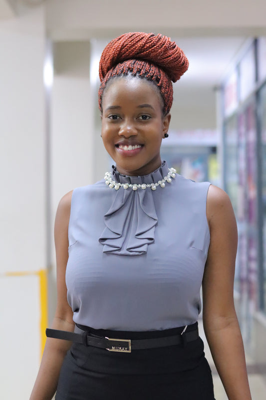 Pearl Embellished Frilled Grey Blouse