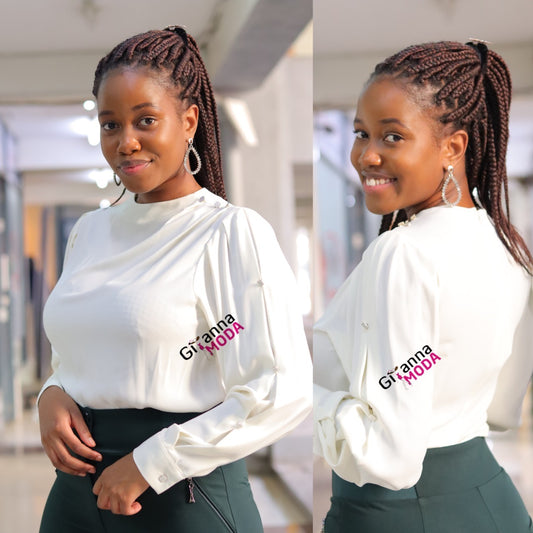 Long Sleeved Button Details Off White Blouse