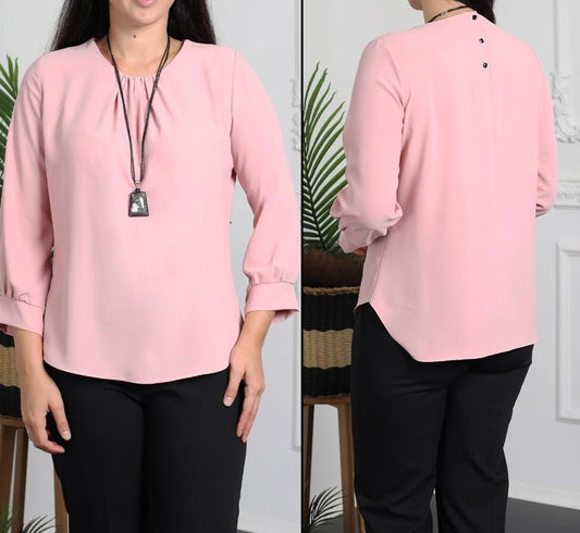 Long Sleeved Neck Pleat Peach Blouse