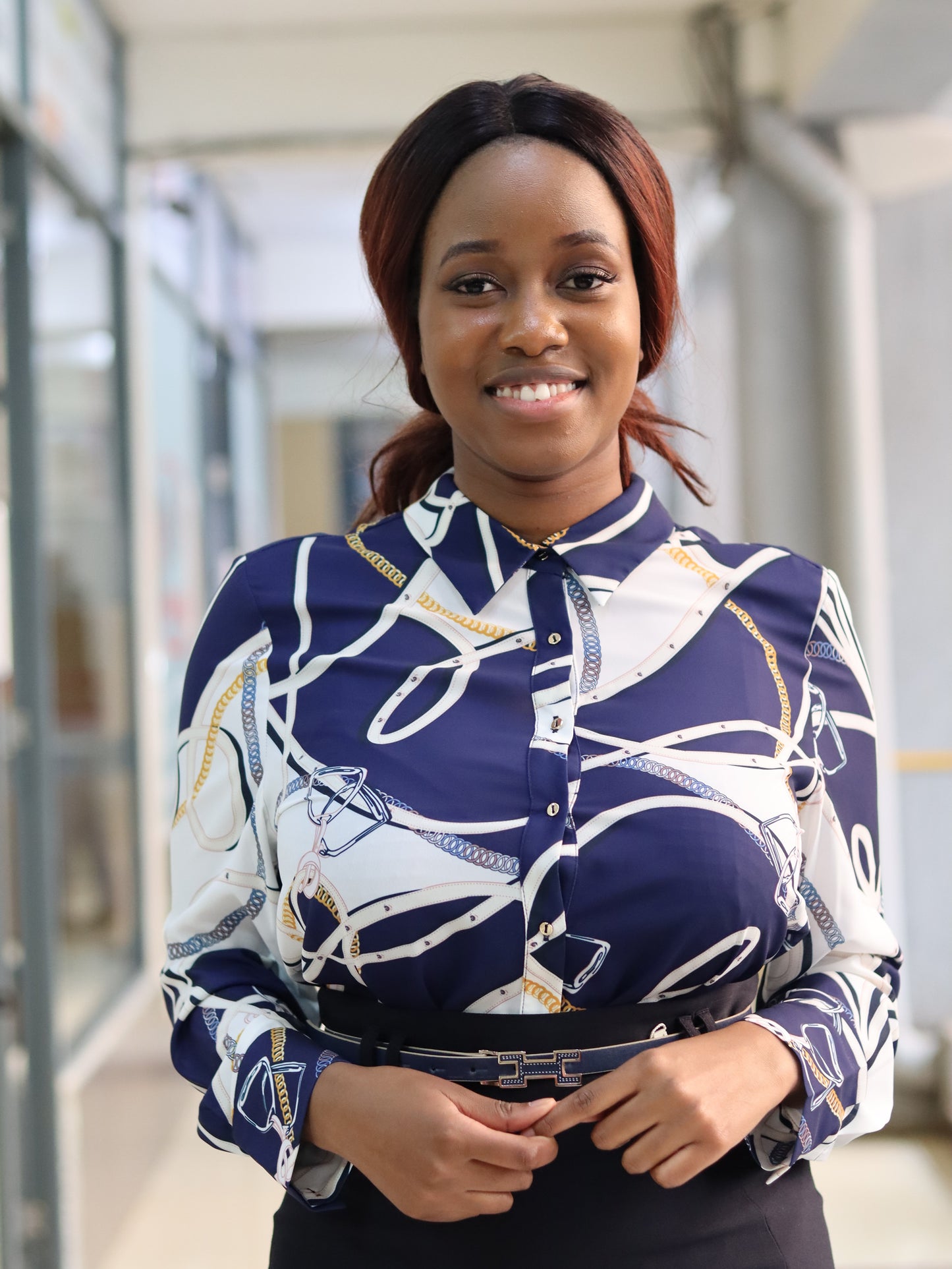 Chain Print Navy Blue Collared Blouse