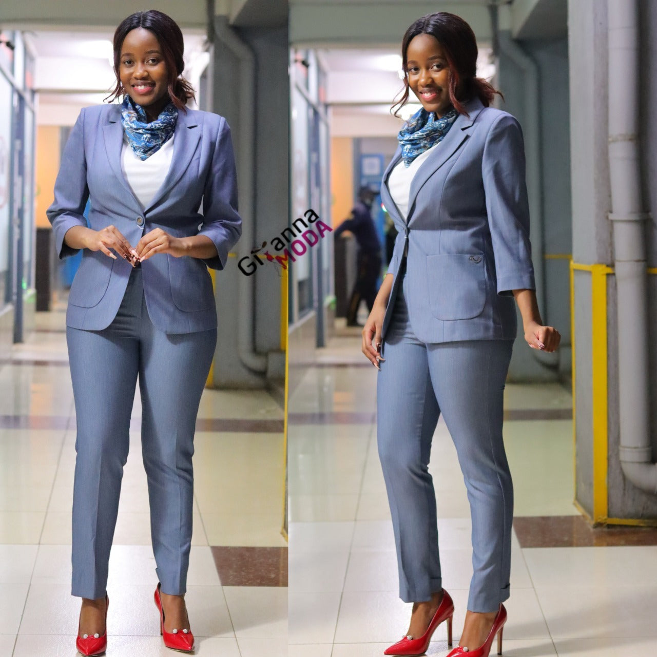 Lapel Collar Grey Suit with a Floral Scarf