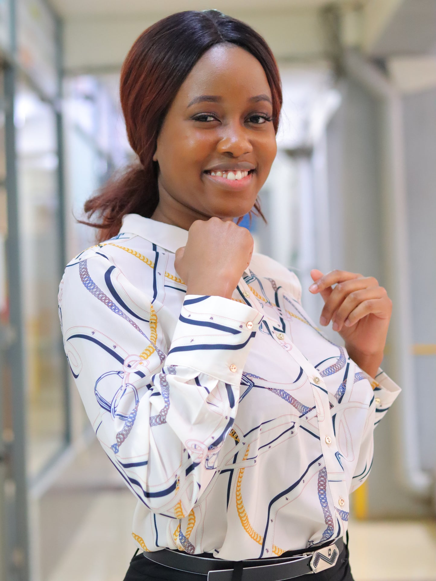 Chain Print Cream Collared Blouse