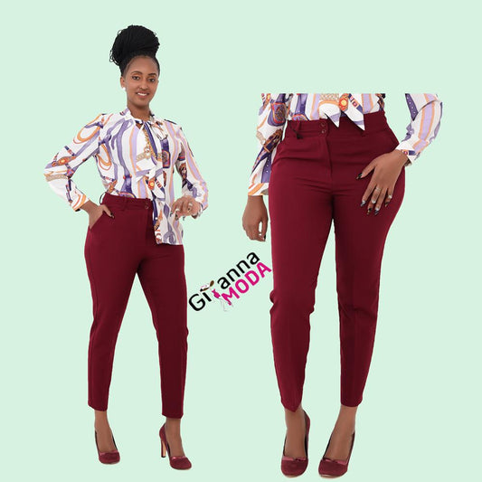 Pockets Buckled Belt Pants in Plum