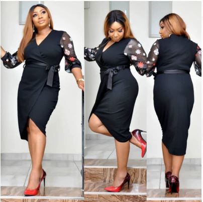 Black Faux Wrap Puff Sequin Sleeve Bodycon