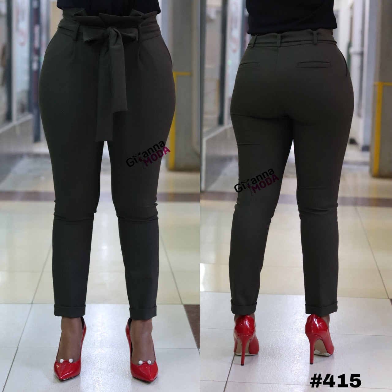 High Waist Belted Trouser in Green