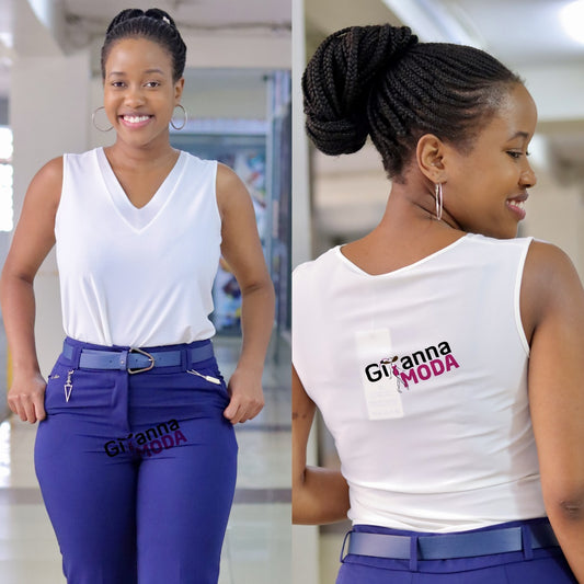 Sleeveless V-Neck Ivory White Blouse