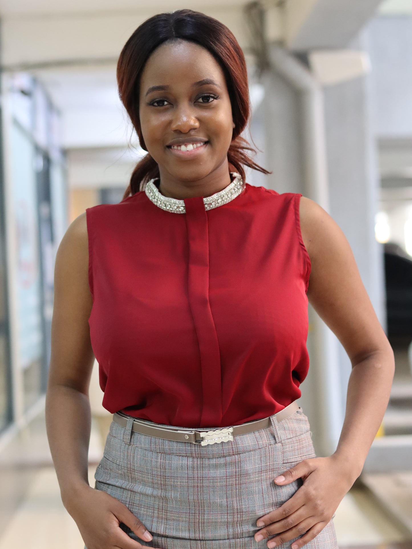 Embellished Crew Neck Burgundy Sleeveless Blouse
