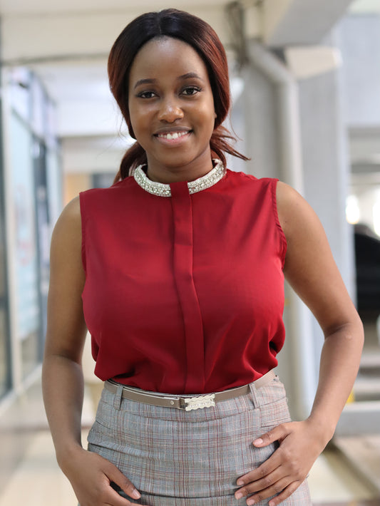 Embellished Crew Neck Burgundy Sleeveless Blouse