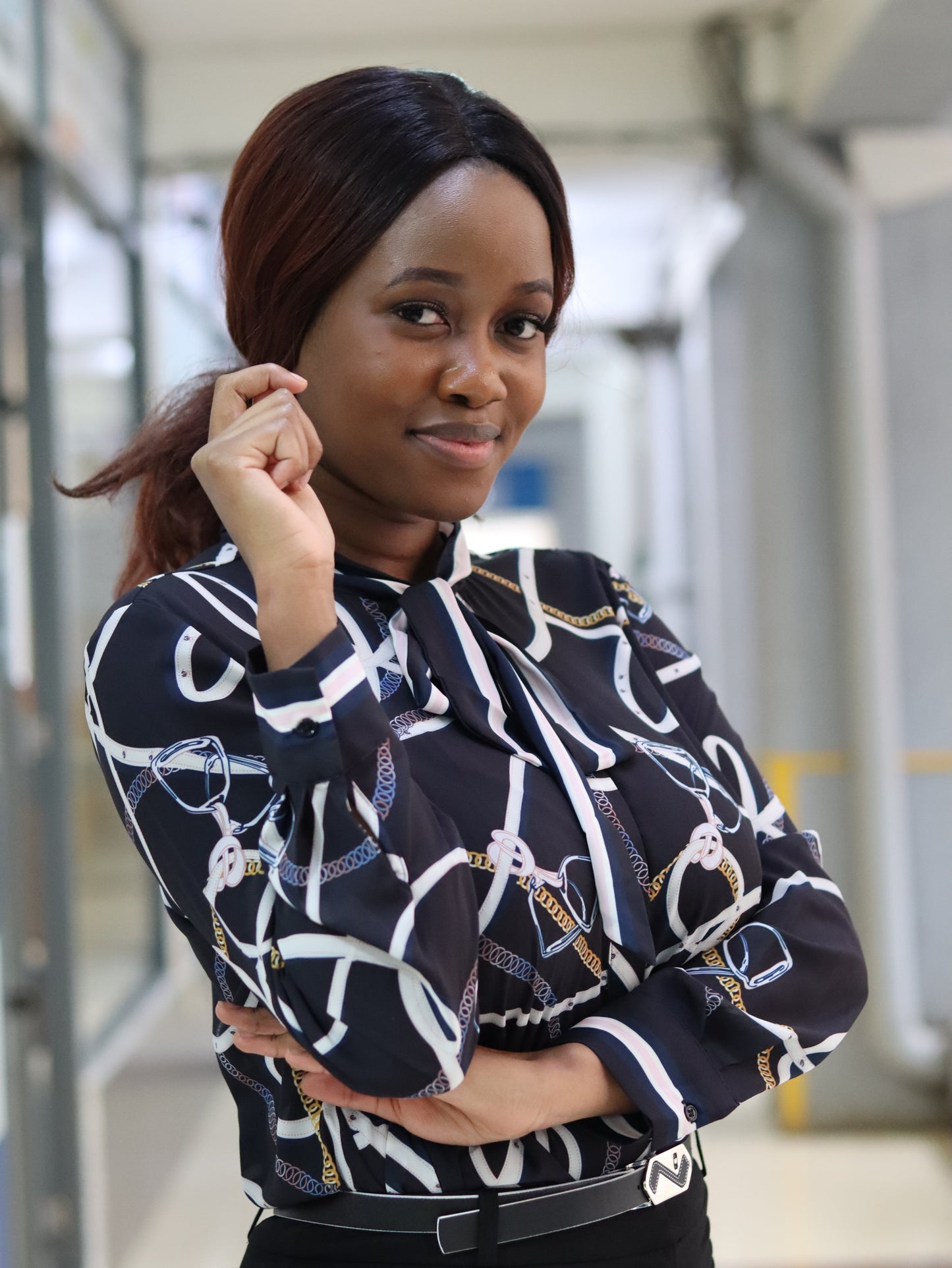 Tie Neck Black Chain Print Blouse