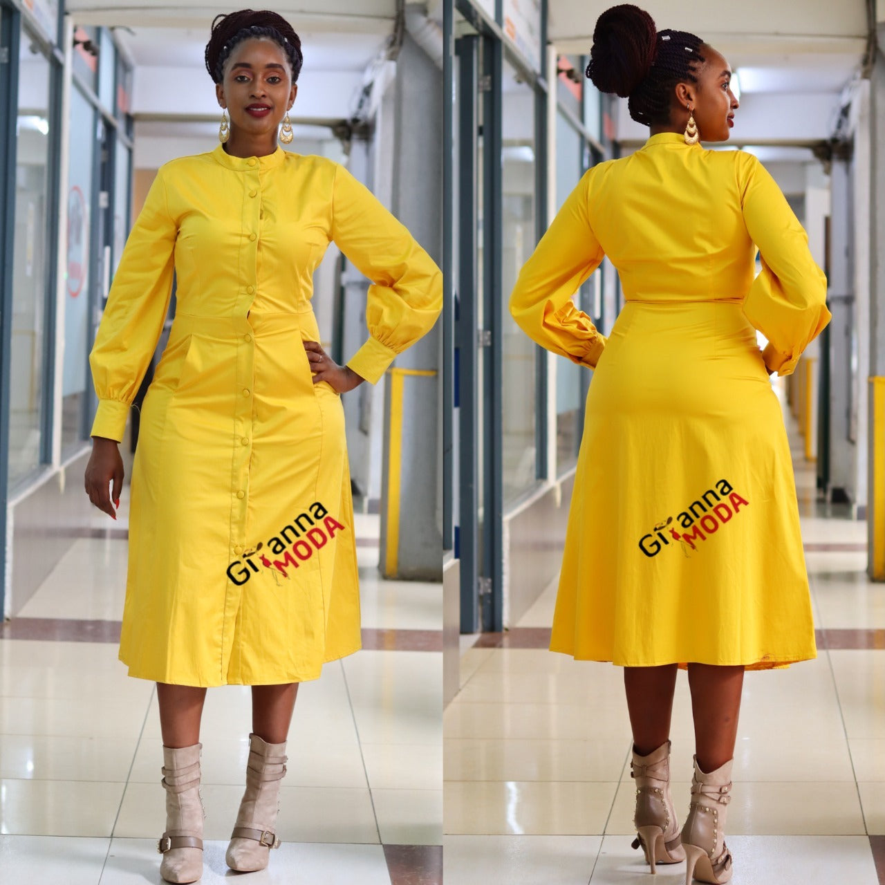 Yellow Puff Sleeve Shirt Dress