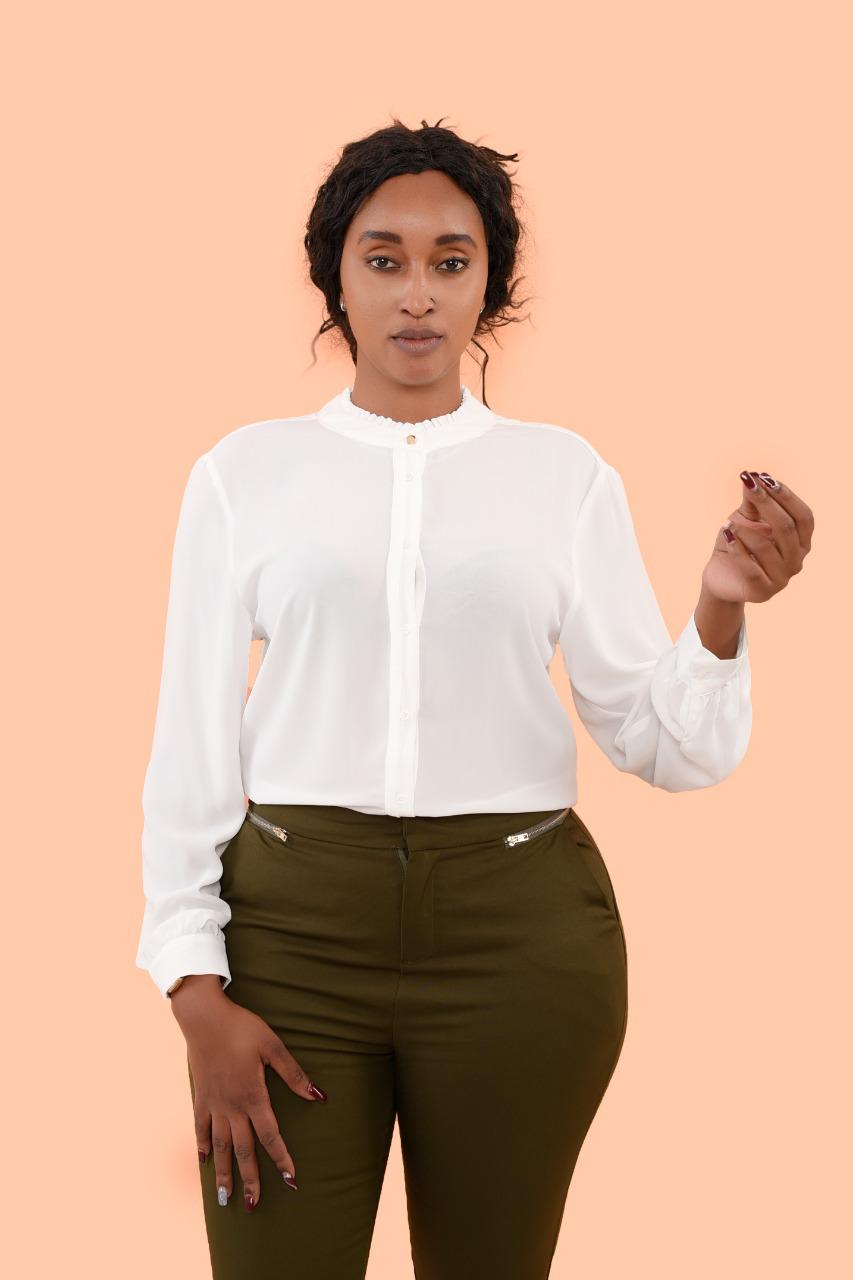 Frill Neck Trim White Long Sleeved Blouse