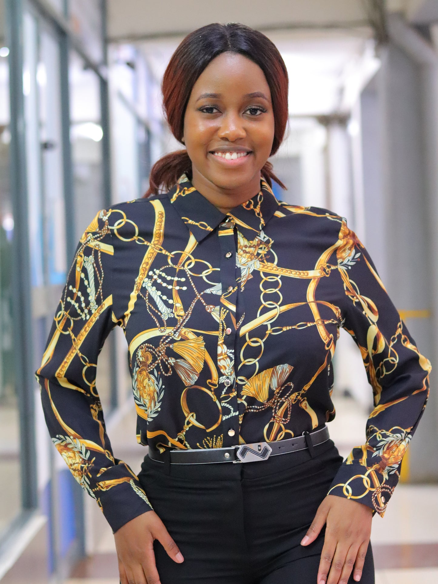 Chain Black Print Long Sleeve Blouse