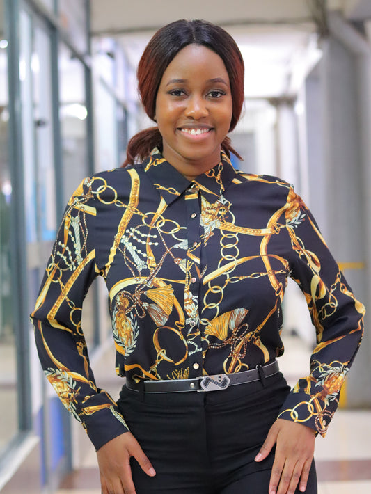 Chain Black Print Long Sleeve Blouse