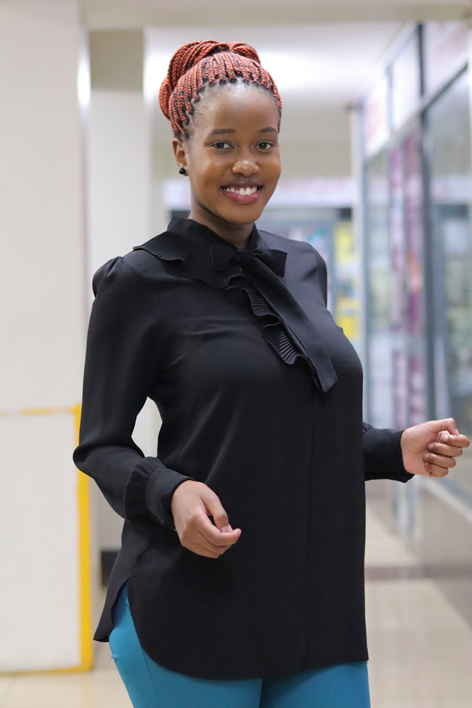 Side Frill Longline Black Blouse