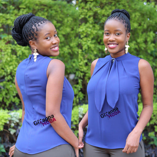 Mock Neck with Zip Closure Blue Blouse