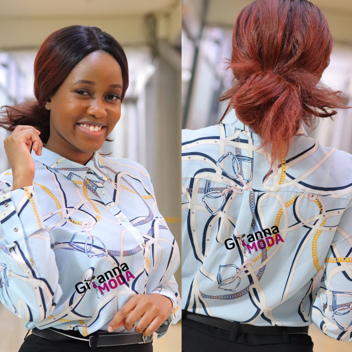 Chain Print Light Blue Collared Blouse