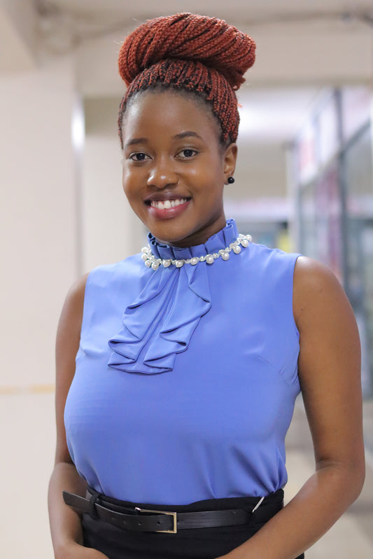 Pearl Embellished Frilled Blue Blouse