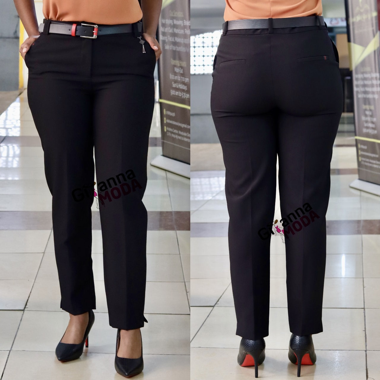 Pockets Black Red Detail Belted Trouser