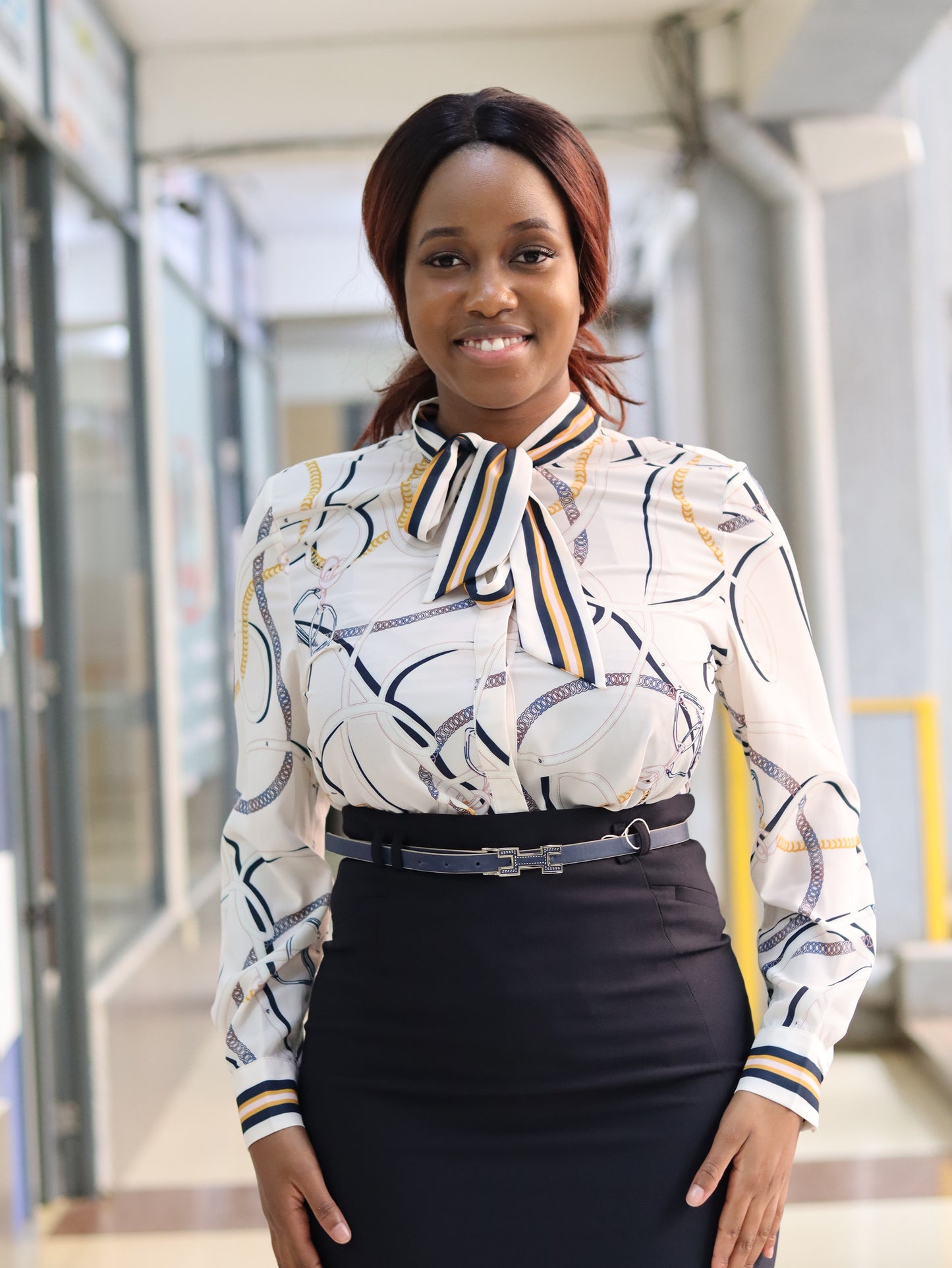 Tie Neck Orange Chain Print Blouse