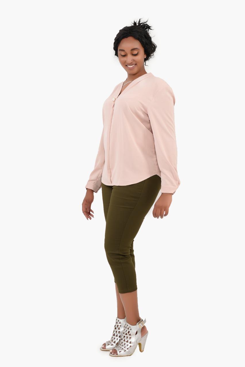 Long Sleeve V-neck Beige Blouse with Front Detail
