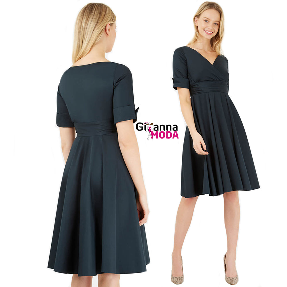 Dark Green Roll Sleeve V-Neck Flared Dress