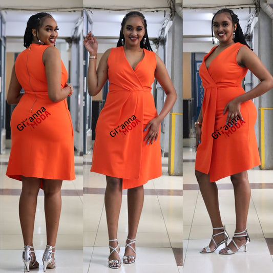 CLOSET Orange Pleated Wrap A Line Dress