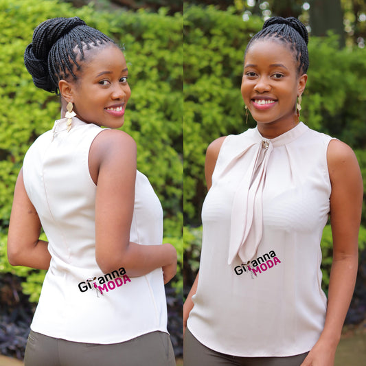 Mock Neck with Zip Closure Beige Blouse