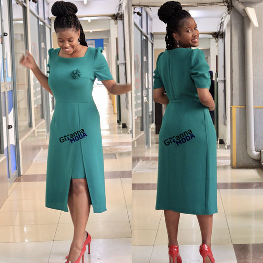 Green Front Slit Belted Dress