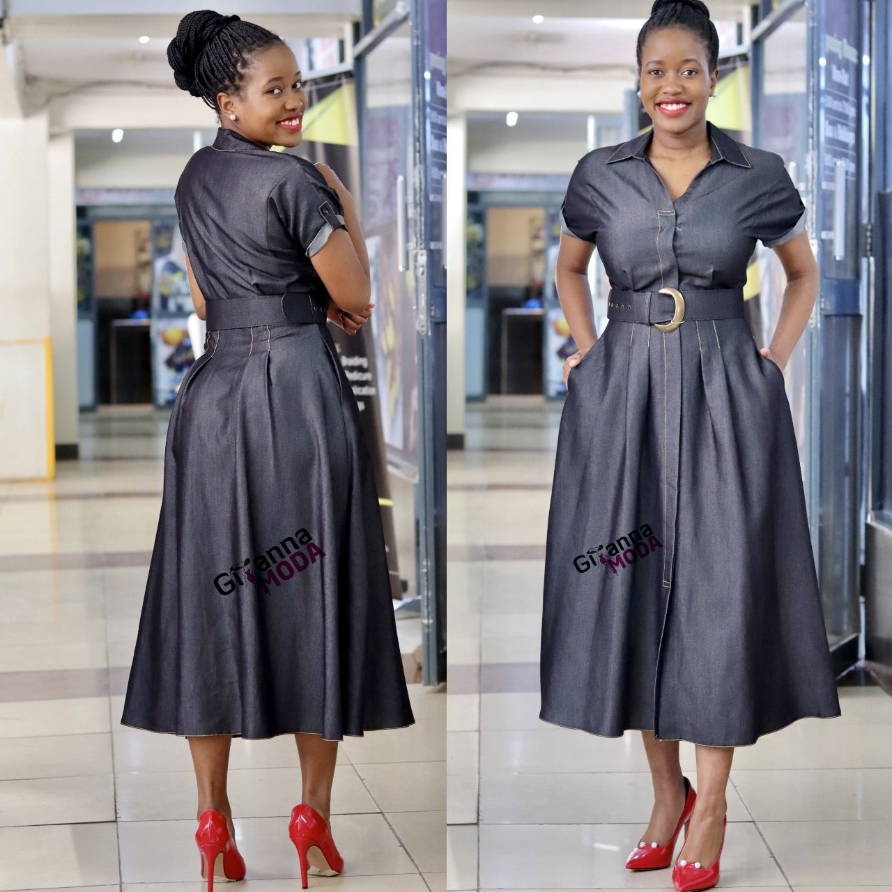 Black Denim Belted Dress