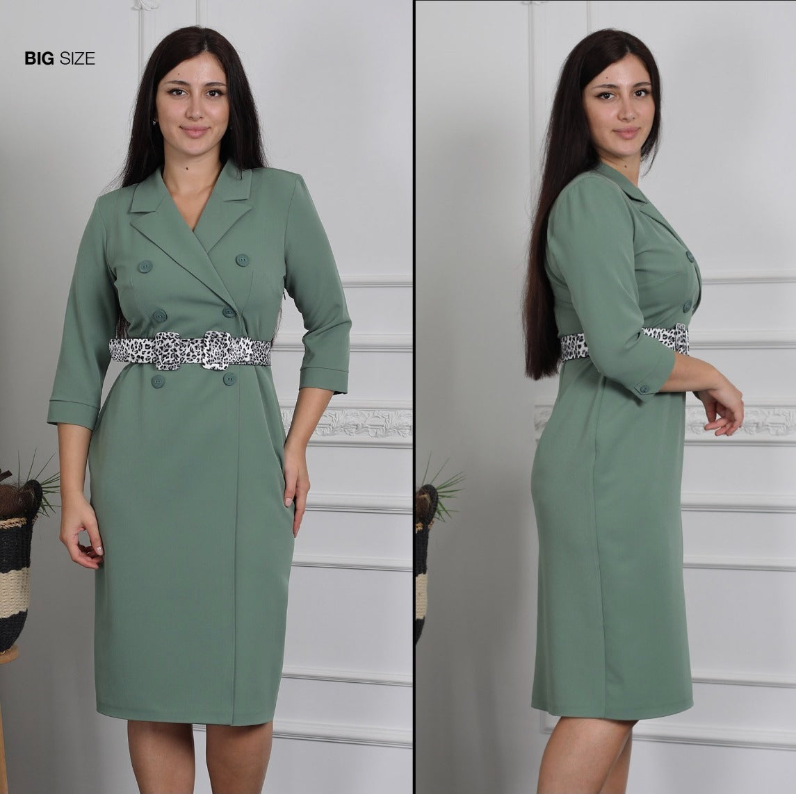 Green Faux Wrap Double Button Bodycon Dress