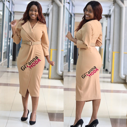 Beige Belted Wrap Bodycon Dress