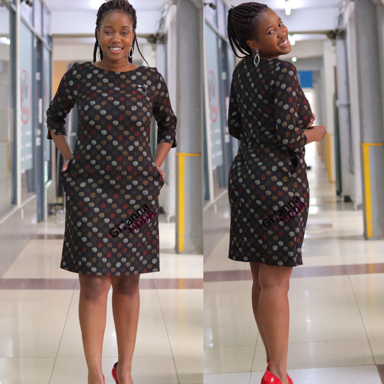 Black Polka Sleeved Belted Dress