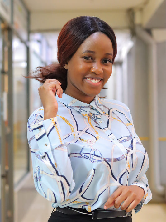 Chain Print Light Blue Collared Blouse