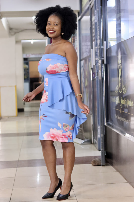 Sky Blue Floral Bandeau Bodycon