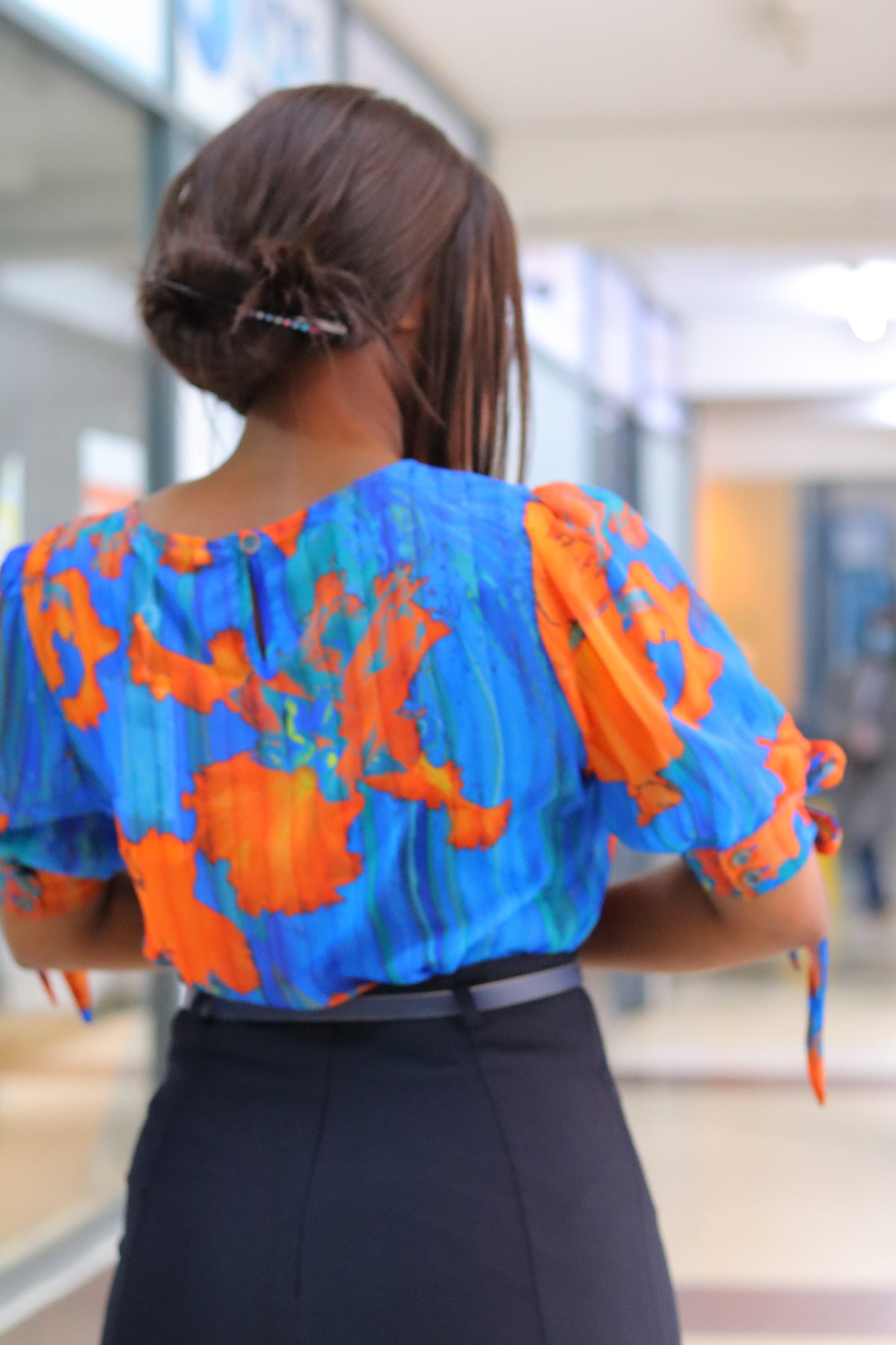 Bow Tie Up Sleeves Floral Blue Blouse